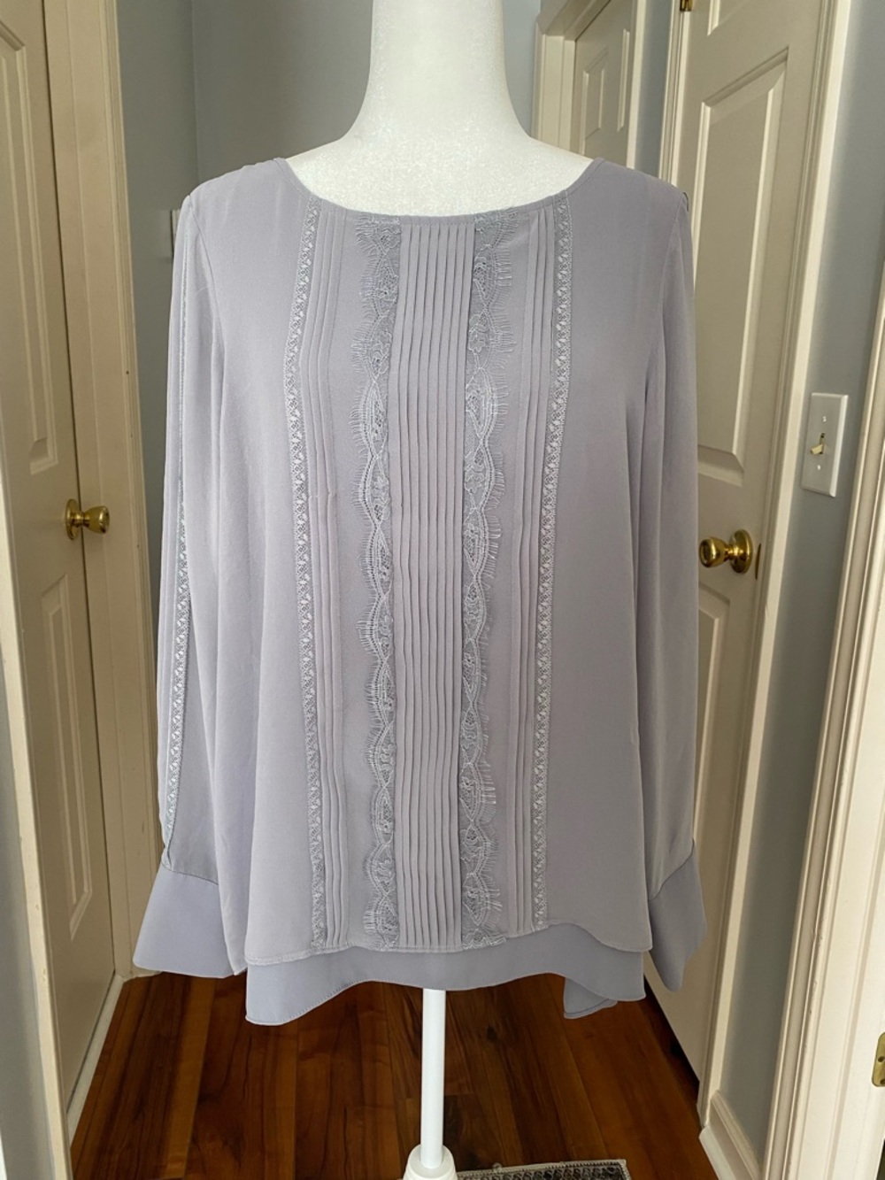 White House Black Market Light Gray Pleated Lace-Trim Blouse